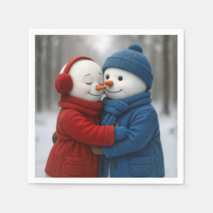 Snowman Couple Hugging in Winter Forest Napkin