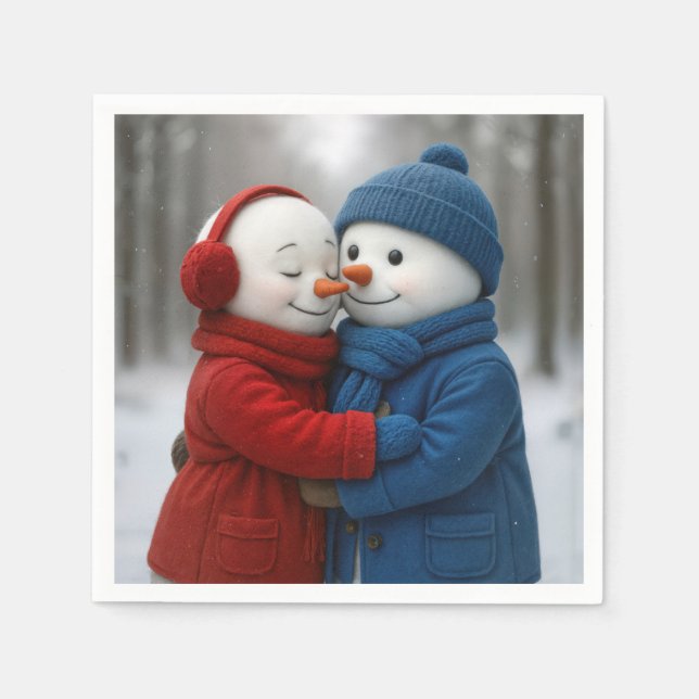 Snowman Couple Hugging in Winter Forest Napkin (Front)