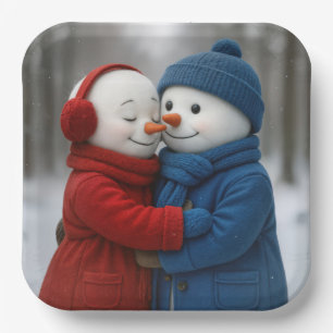 Snowman Couple Hugging in Winter Forest Paper Plate