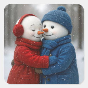 Snowman Couple Hugging in Winter Forest Square Sticker