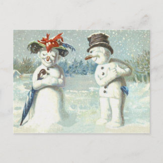 Snowman Couple Winter Snow Field Postcard
