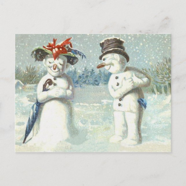 Snowman Couple Winter Snow Field Postcard (Front)