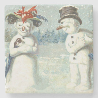 Snowman Couple Winter Snow Field Stone Coaster