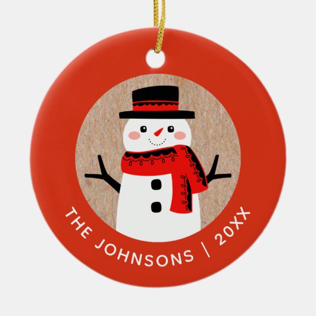 Snowman Cute Christmas Holiday Personalised Ceramic Ornament (Front)