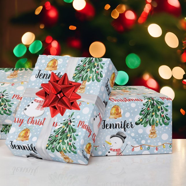 Snowman Cute Christmas Pattern Personalise Name Wrapping Paper (Creator Uploaded)