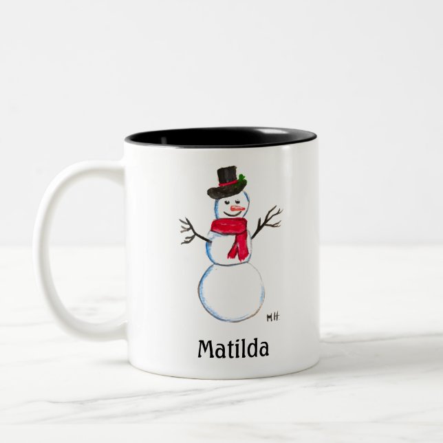 Snowman Cute Face Kids Children Winter Snowmen Two Two-Tone Coffee Mug (Left)