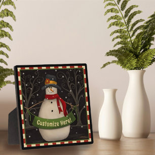 Snowman Cute Folk Custom Christmas Holiday  Plaque