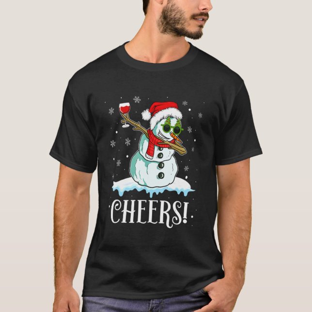 Snowman Dabbing Cheers Xmas Wine  Christmas Pajama T-Shirt (Front)