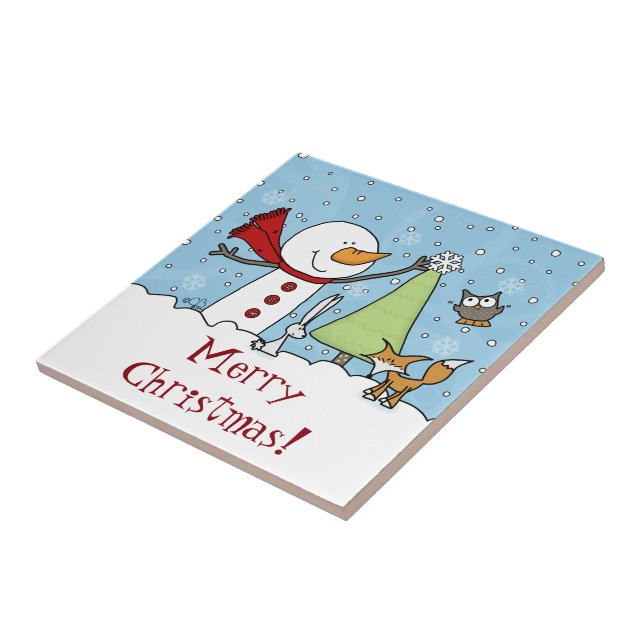 Snowman Decorates Tree with Woodland Creatures Ceramic Tile (Side)