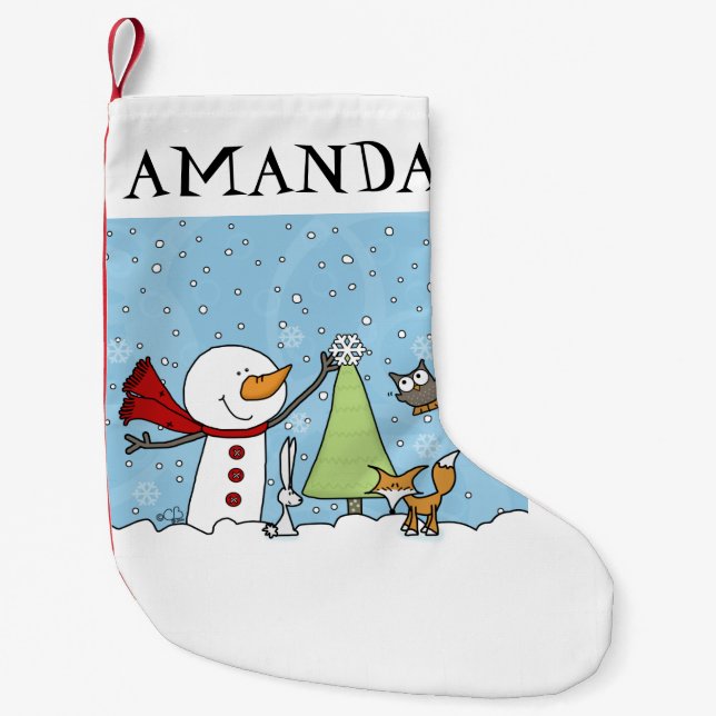 Snowman Decorates Tree with Woodland Creatures Small Christmas Stocking (Front)