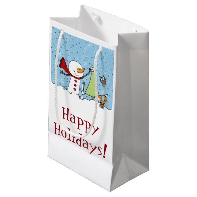 Snowman Decorates Tree with Woodland Creatures Small Gift Bag (Front Angled)