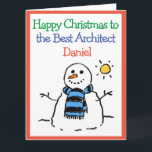 Snowman Design Happy Christmas to a Architect Card<br><div class="desc">Happy Christmas to a Architect. Funny cartoon of a snowman in the winter sun. Add a message from the sender.</div>