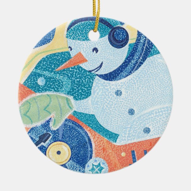Snowman DJ Holiday Dance Party Ceramic Ornament (Front)