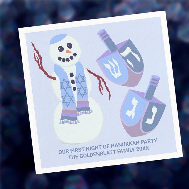 Snowman Dreidels Blue Personalised Cute Hanukkah Napkin (Perfect for Hanukkah parties and family gatherings, these custom paper napkins are too cute)