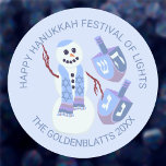 Snowman Dreidels Cute Blue Any Text Hanukkah Classic Round Sticker<br><div class="desc">These cute Hanukkah stickers are easy to personalise with any text so you can customise them for all sorts of uses during the holiday. Designed with a fun Jewish snowman and his matching dreidels in soft blues and dusky purples in the middle with two sets of dark blue curving text...</div>