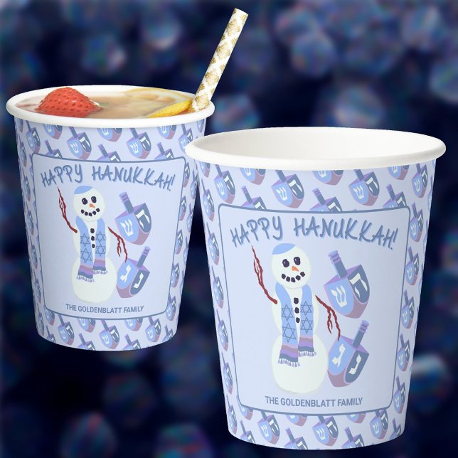 Snowman Dreidels Cute Blue Pattern Party Hanukkah Paper Cups (Hanukkah paper cups with your personalized text will look so cute and make party cleanup a breeze )