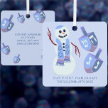 Snowman Dreidels Cute Double Sided Hanukkah Metal Tree Decoration<br><div class="desc">These cute double sided Hanukkah ornaments are great as a treat for yourself or as thoughtful keepsakes for friends and family when exchanging gifts. Featuring a joyful Jewish snowman on the front along with two matching dreidels on a pale pastel blue background, the simple dark blue text at the bottom...</div>