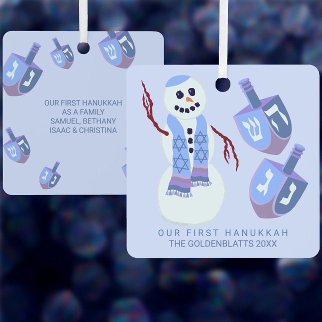 Snowman Dreidels Cute Double Sided Hanukkah Metal Tree Decoration (Add your custom text to both sides of these cute Hanukkah ornaments with a snowman and dreidels)