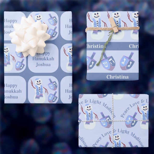 Snowman Dreidels Cute Happy Hanukkah Kids Name Wrapping Paper Sheet (You can add different names to each of the three designs of this cute Hanukkah wrapping paper)