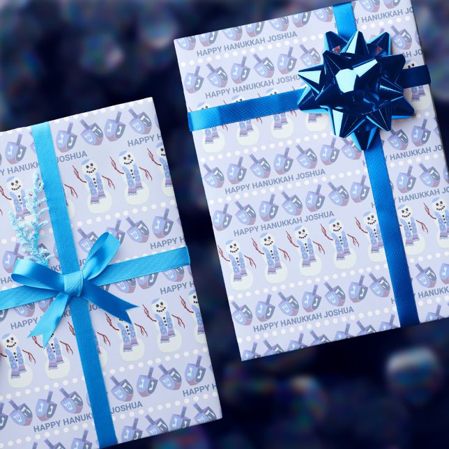 Snowman Dreidels Cute Personalised Happy Hanukkah Wrapping Paper (Add a custom touch with blue and white snowman and dreidels personalized Hanukkah gift wrap)