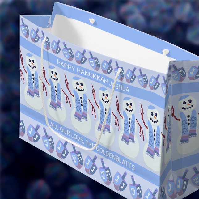 Snowman Dreidels Fun Blue And White Hanukkah Large Gift Bag (Two text templates let you personalize these Happy Hanukkah gift bags just the way you want)