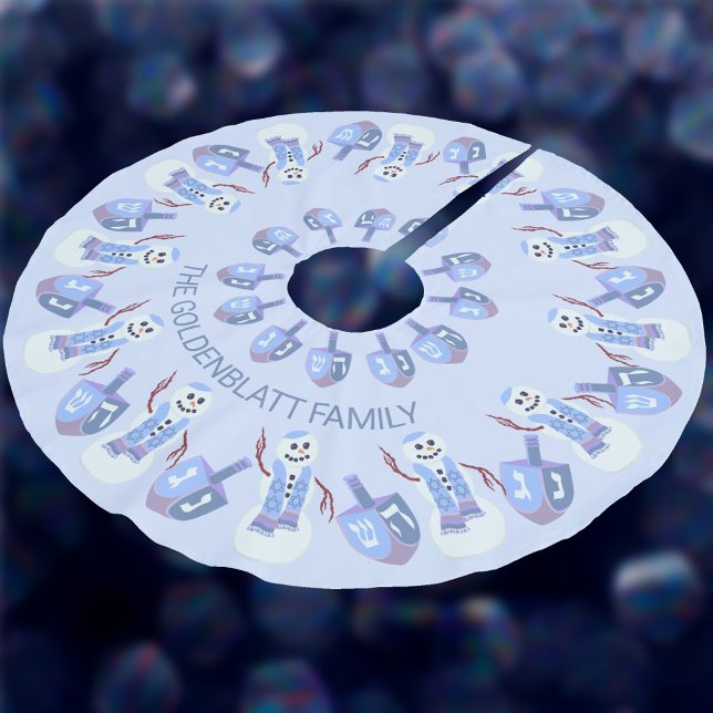 Snowman Dreidels Hanukkah Pattern Chrismukkah Brushed Polyester Tree Skirt (Add your name to this fun Hanukkah tree skirt for yourself or to gift to someone on your list)