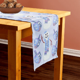 Snowman Dreidels Optional Monogram Blue Hanukkah Long Table Runner