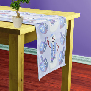 Snowman Dreidels Optional Your Name Blue Hanukkah Short Table Runner