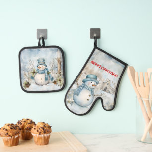 Snowman Dressed In Blue Oven Mitt & Pot Holder Set