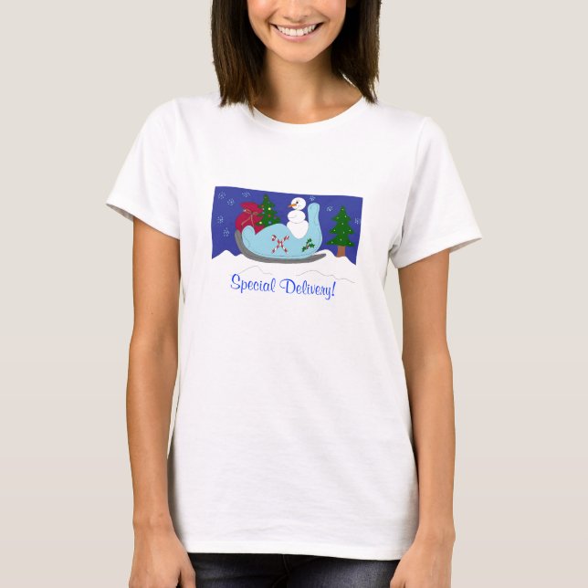 Snowman Driving a Sleigh T-Shirt (Front)