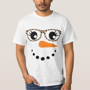 Snowman Face Carrot Nose Eyelashes Leopard Glasses T-Shirt