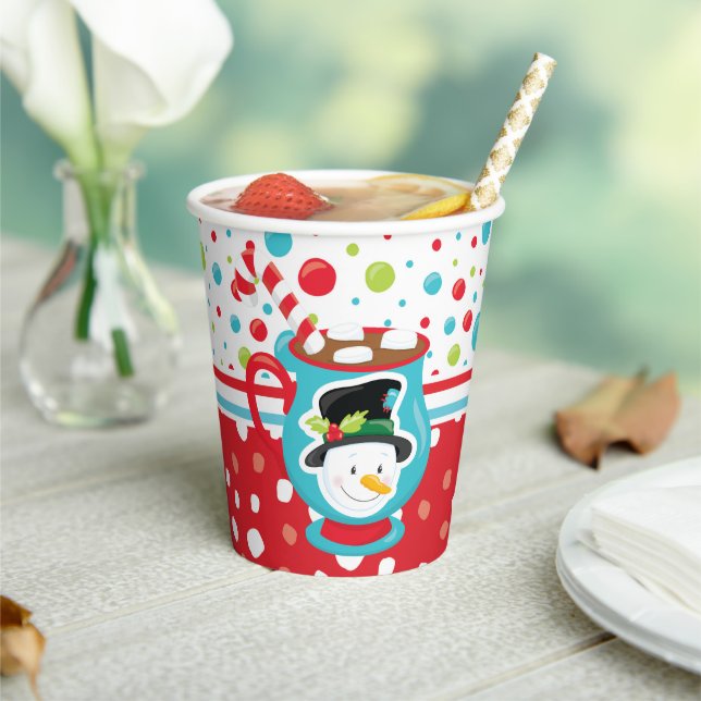Snowman face hot cocoa colourful fun Christmas Paper Cups (Insitu)