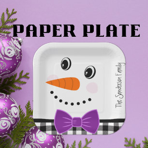 Snowman Face Purple Bowtie Black Buffalo Plaid Paper Plate