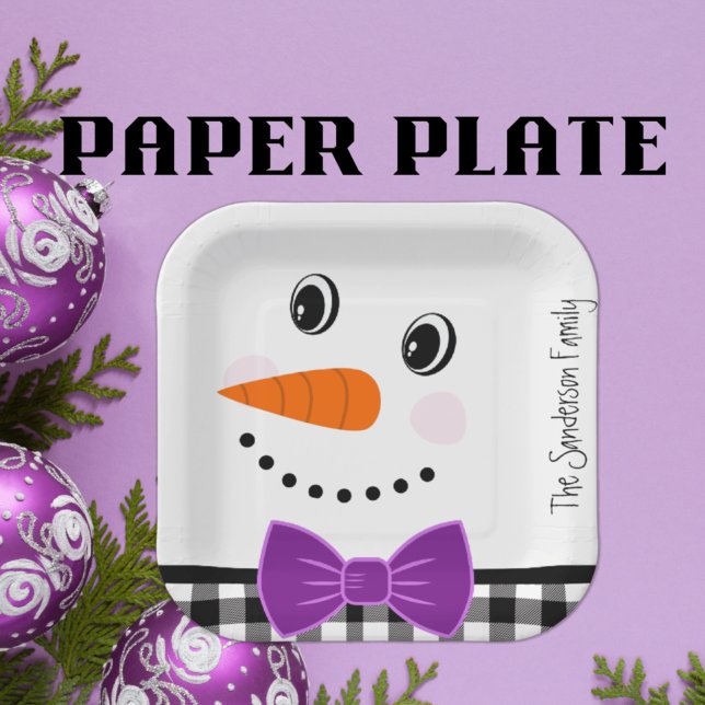 Snowman Face Purple Bowtie Black Buffalo Plaid Paper Plate (Creator Uploaded)