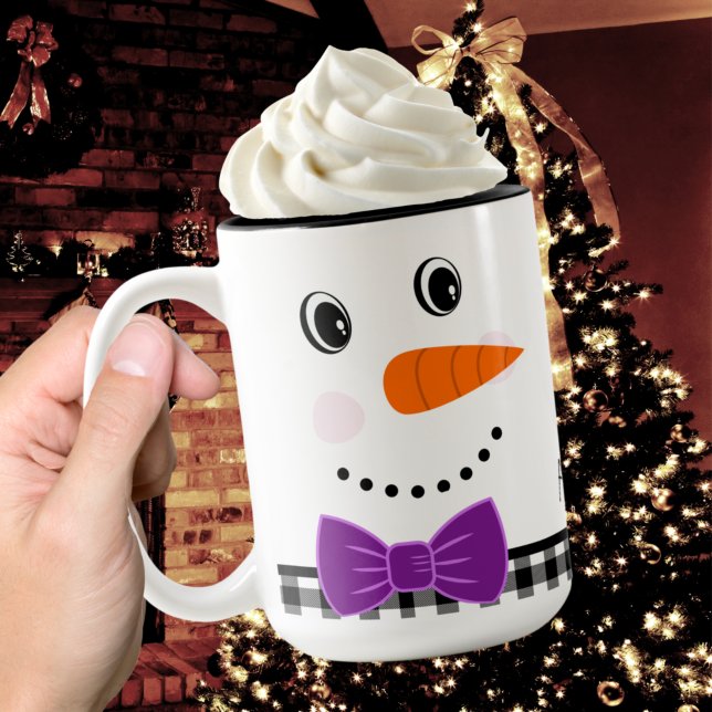 Snowman Face Purple Bowtie Black Buffalo Plaid Two-Tone Coffee Mug (Creator Uploaded)