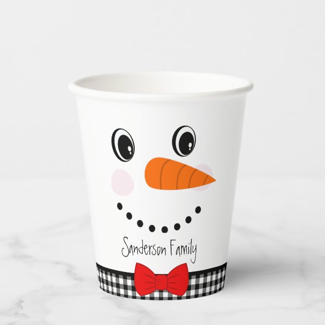 Snowman Face Red Bowtie Black Buffalo Plaid Paper Cups (Front)