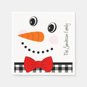 Snowman Face Red Bowtie Black Buffalo Plaid Trim   Napkin