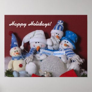 Snowman Family Christmas Wreath Poster