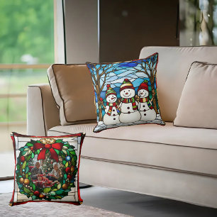 Snowman Family Faux Stained Glass Cushion