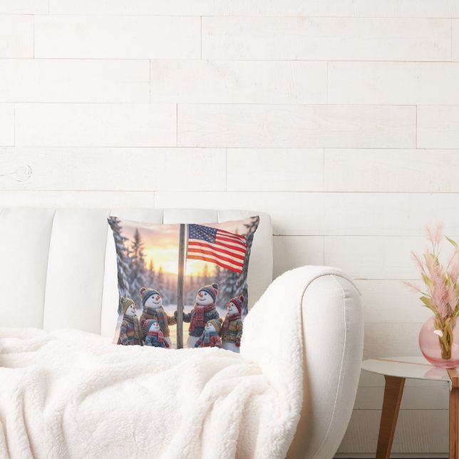 Snowman Family Gathering Around a Flagpole Cushion (Couch)