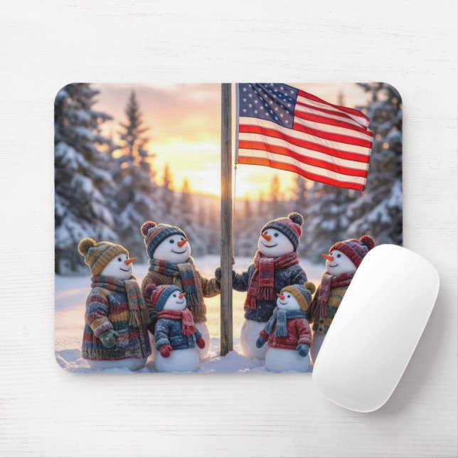 Snowman Family Gathering Around a Flagpole Mouse Pad (With Mouse)
