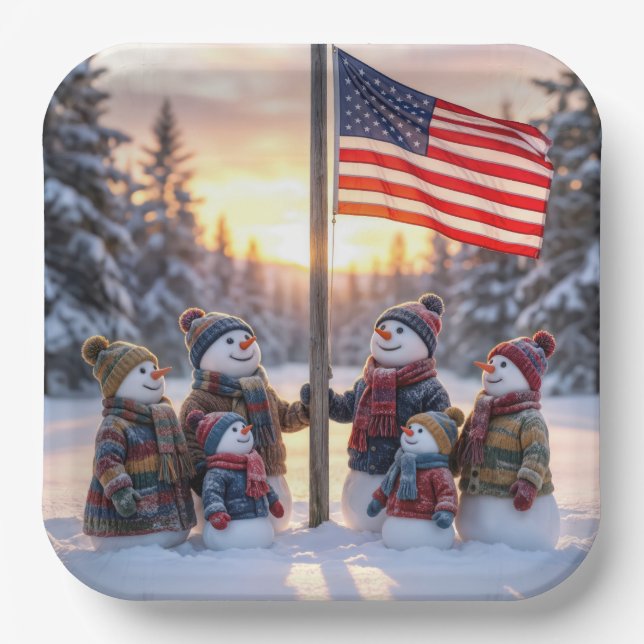 Snowman Family Gathering Around a Flagpole Paper Plate (Front)