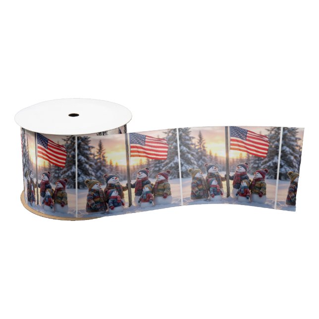 Snowman Family Gathering Around a Flagpole Satin Ribbon (Spool)
