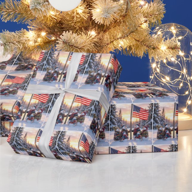 Snowman Family Gathering Around a Flagpole Wrapping Paper (Holidays)