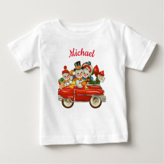Snowman family in car Christmas personalised name Baby T-Shirt