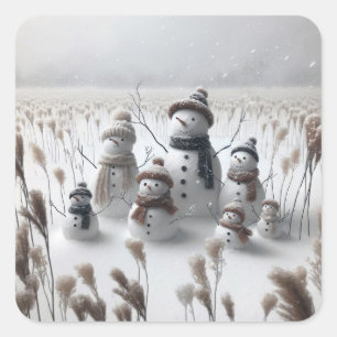 Snowman Family In Country Field Square Sticker