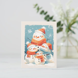Snowman Family in Cozy Winter Holiday Postcard
