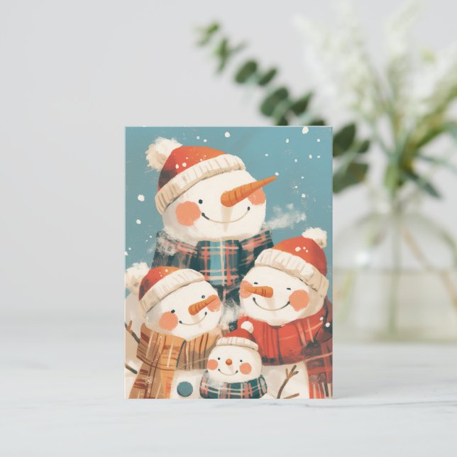 Snowman Family in Cozy Winter Holiday Postcard (Standing Front)
