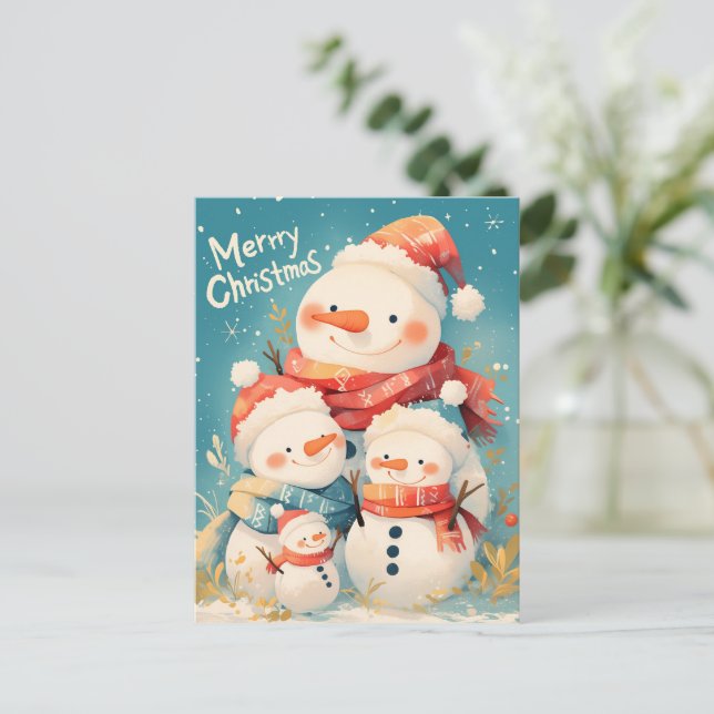 Snowman Family in Cozy Winter Holiday Postcard (Standing Front)