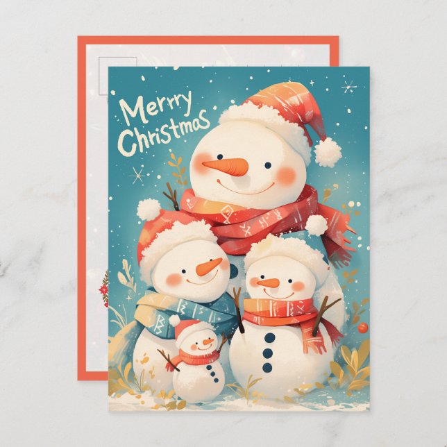 Snowman Family in Cozy Winter Postcard (Front/Back)